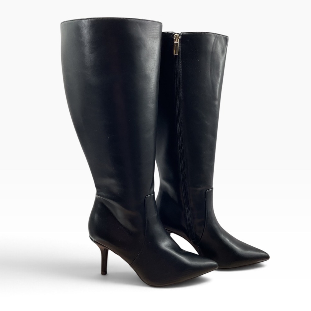 INC Black Faux Leather Pointed Toe Stiletto Knee High Boots Side Zip
